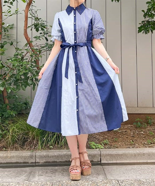 axes femme 條紋拼色綁帶襯衫連身裙 [OP268]