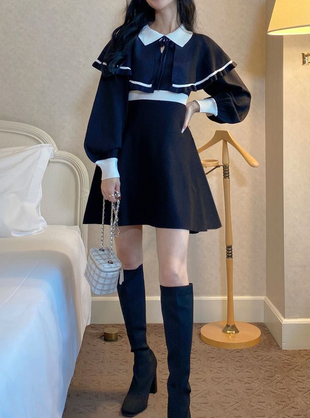 GRL 斗篷拼色針織連身裙 [OP126]