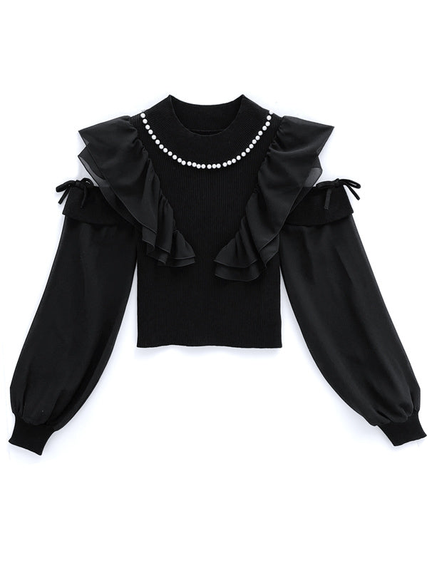 GRL 珍珠緞帶荷葉邊露肩針織上衣 2色 [TP0121]