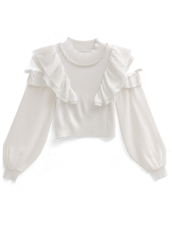 GRL 珍珠緞帶荷葉邊露肩針織上衣 2色 [TP0121]