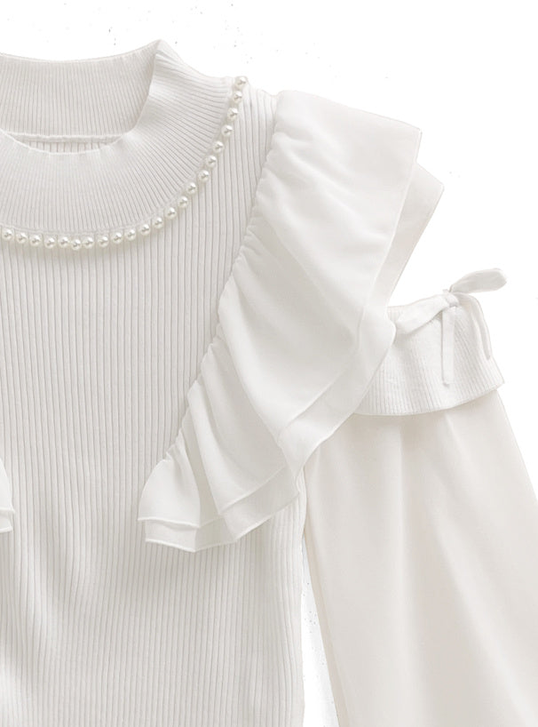 GRL 珍珠緞帶荷葉邊露肩針織上衣 2色 [TP0121]