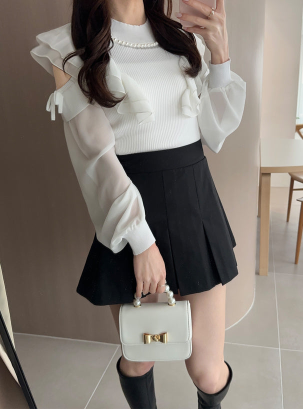 GRL 珍珠緞帶荷葉邊露肩針織上衣 2色 [TP0121]