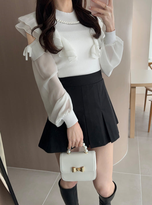 GRL 珍珠緞帶荷葉邊露肩針織上衣 2色 [TP0121]