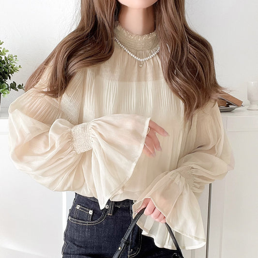 Ruffle領糖果袖透明感雪紡上衣  [TP043]