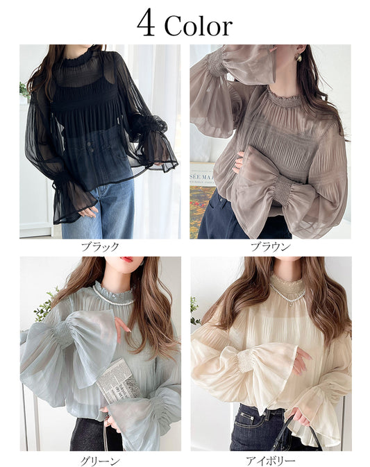 Ruffle領糖果袖透明感雪紡上衣  [TP043]