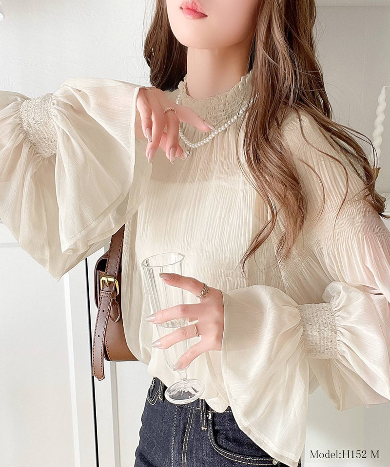 Ruffle領糖果袖透明感雪紡上衣  [TP043]