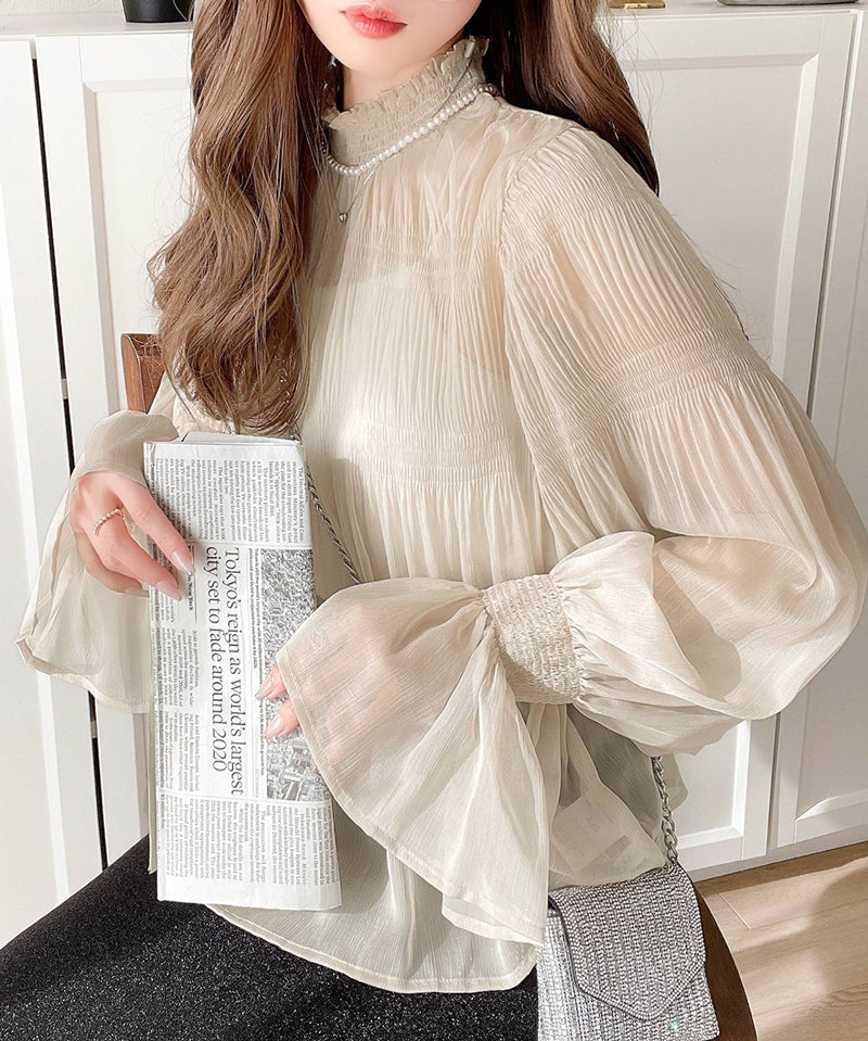 Ruffle領糖果袖透明感雪紡上衣  [TP043]