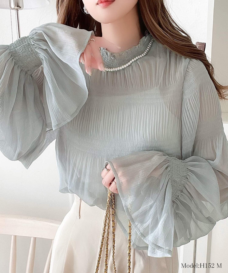 Ruffle領糖果袖透明感雪紡上衣  [TP043]