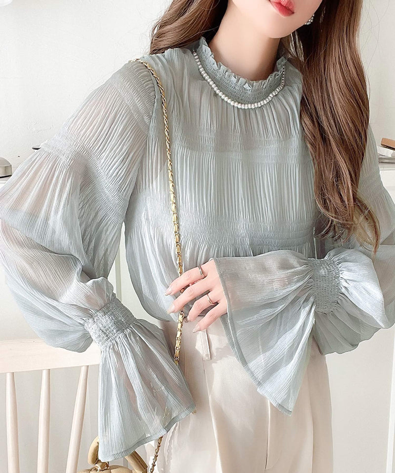 Ruffle領糖果袖透明感雪紡上衣  [TP043]