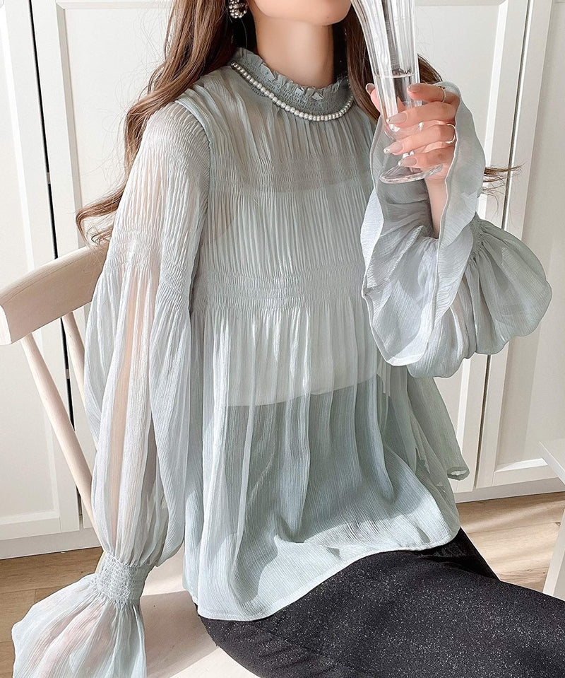 Ruffle領糖果袖透明感雪紡上衣  [TP043]