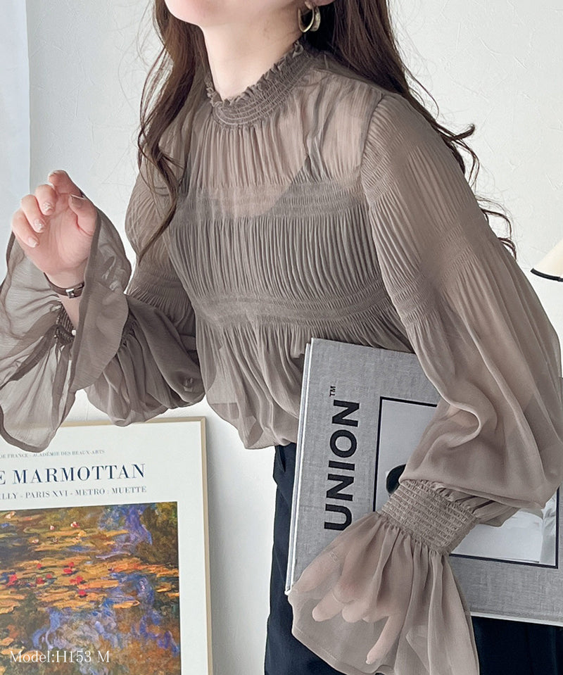 Ruffle領糖果袖透明感雪紡上衣  [TP043]