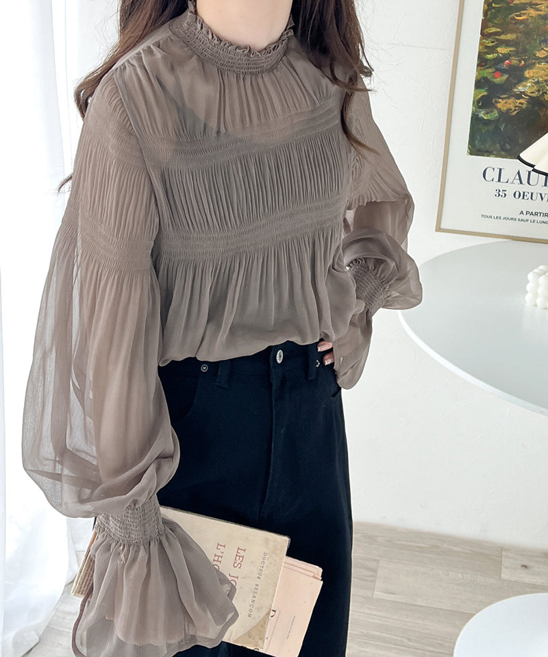 Ruffle領糖果袖透明感雪紡上衣  [TP043]