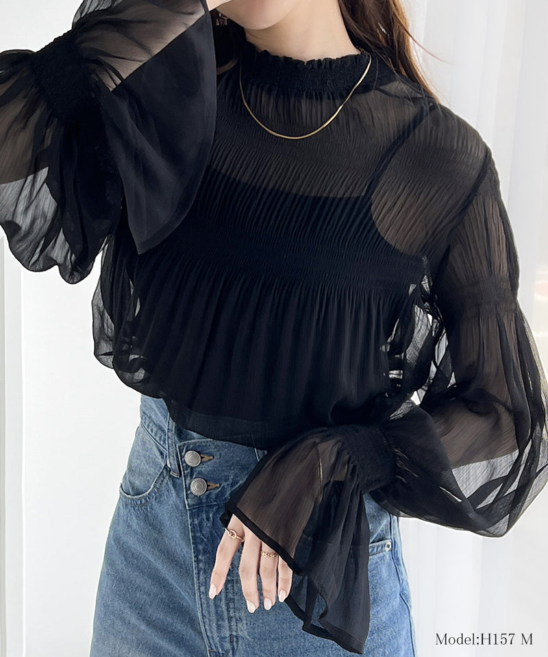Ruffle領糖果袖透明感雪紡上衣  [TP043]
