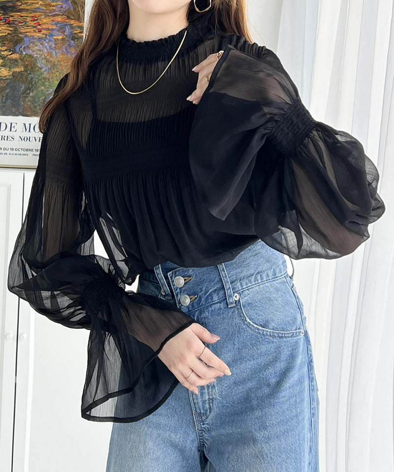 Ruffle領糖果袖透明感雪紡上衣  [TP043]