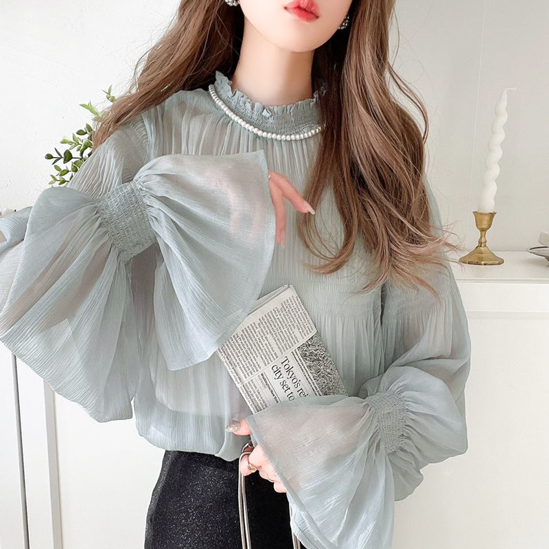 Ruffle領糖果袖透明感雪紡上衣  [TP043]