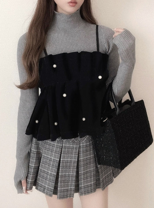 GRL 珍珠黑色絲絨吊帶背心 [TP0122]