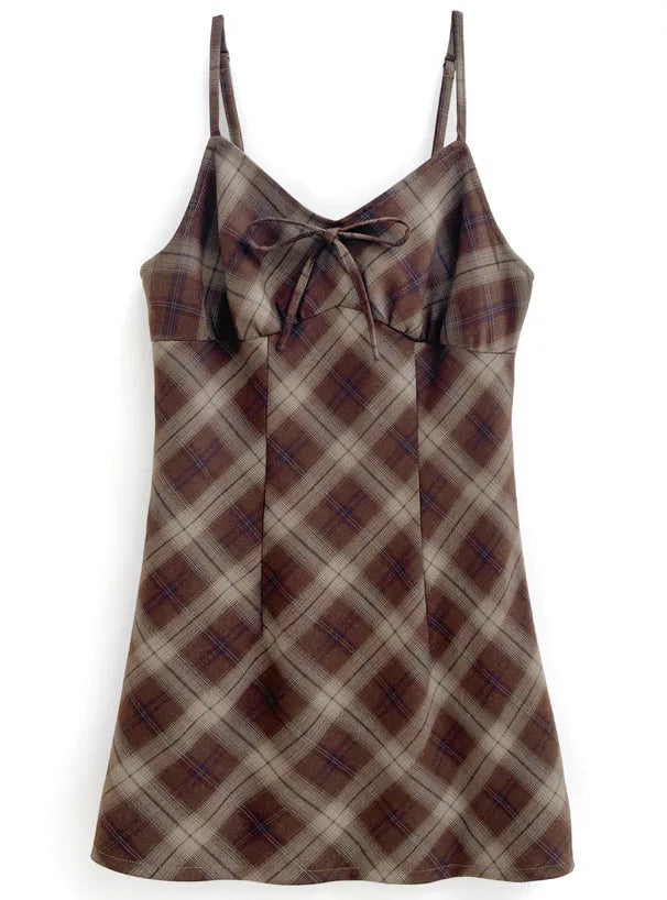GRL 蝴蝶結格紋吊帶連身裙 2色 [OP0180]