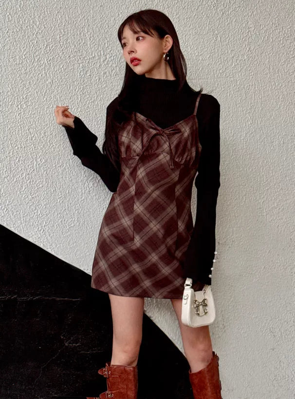 GRL 蝴蝶結格紋吊帶連身裙 2色 [OP0180]