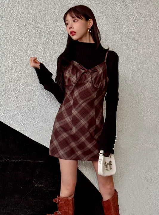 GRL 蝴蝶結格紋吊帶連身裙 2色 [OP0180]