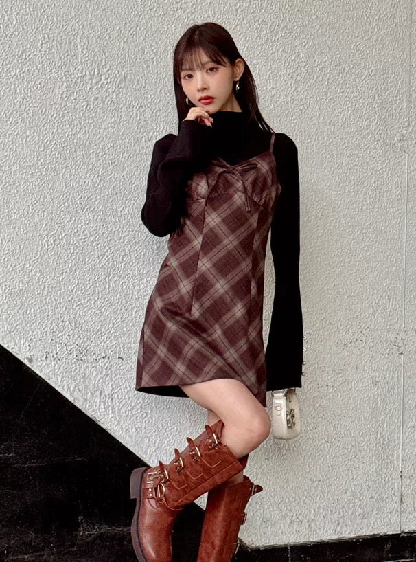 GRL 蝴蝶結格紋吊帶連身裙 2色 [OP0180]