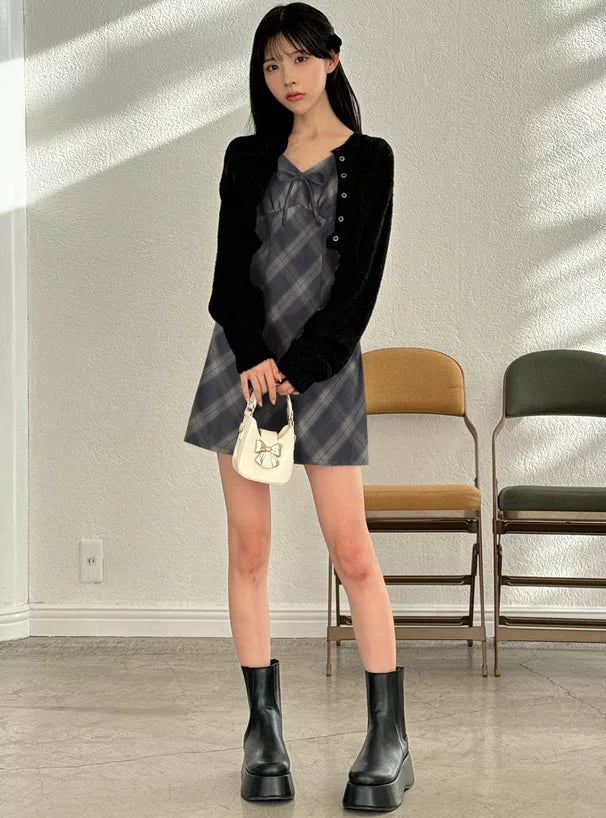 GRL 蝴蝶結格紋吊帶連身裙 2色 [OP0180]