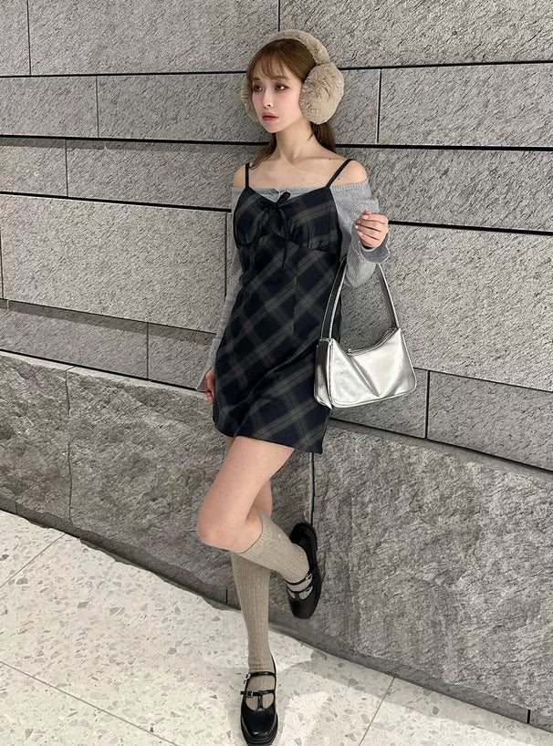 GRL 蝴蝶結格紋吊帶連身裙 2色 [OP0180]