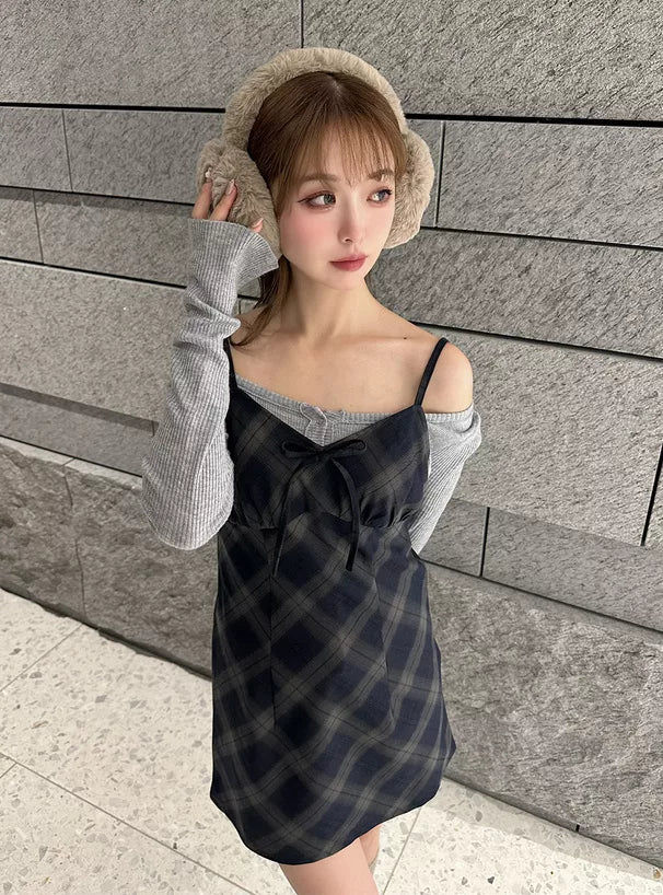 GRL 蝴蝶結格紋吊帶連身裙 2色 [OP0180]