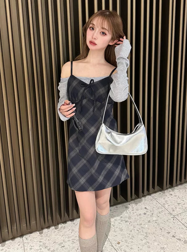 GRL 蝴蝶結格紋吊帶連身裙 2色 [OP0180]