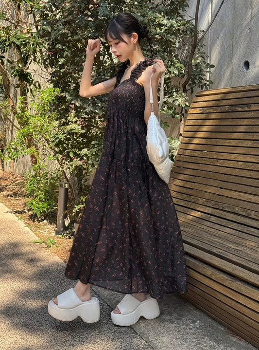 GRL Ruffle肩帶小碎花吊帶連身裙 [OP0196]