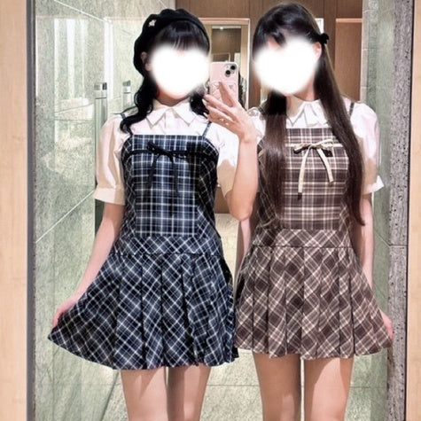 GRL 泡泡袖襯衫 x 格紋緞帶吊帶連身裙套裝 2色 [OP356]