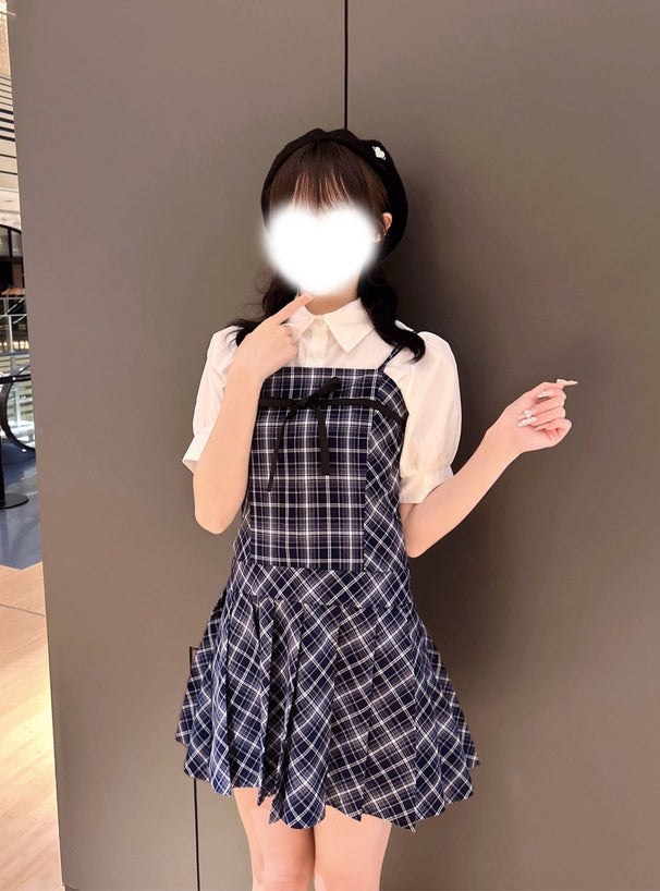 GRL 泡泡袖襯衫 x 格紋緞帶吊帶連身裙套裝 2色 [OP356]