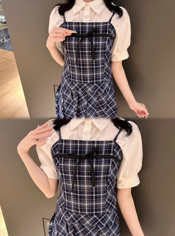 GRL 泡泡袖襯衫 x 格紋緞帶吊帶連身裙套裝 2色 [OP356]