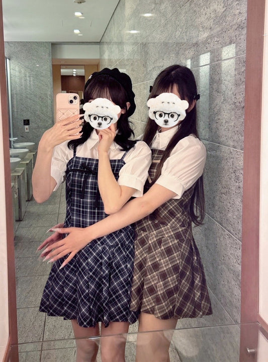 GRL 泡泡袖襯衫 x 格紋緞帶吊帶連身裙套裝 2色 [OP356]