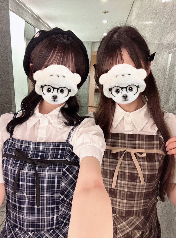 GRL 泡泡袖襯衫 x 格紋緞帶吊帶連身裙套裝 2色 [OP356]