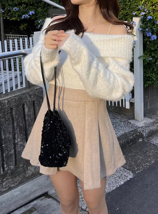 GRL 珍珠肩帶露肩毛茸茸針織上衣 4色 [TP0157]