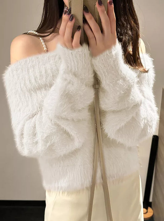 GRL 珍珠肩帶露肩毛茸茸針織上衣 4色 [TP0157]