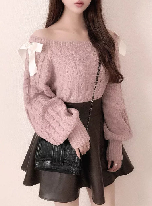 GRL 麻花針織緞帶露肩針織上衣 3色 [TP0152]