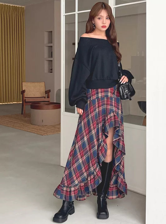 GRL 格子前開叉Ruffle邊魚尾裙 [BT0141]