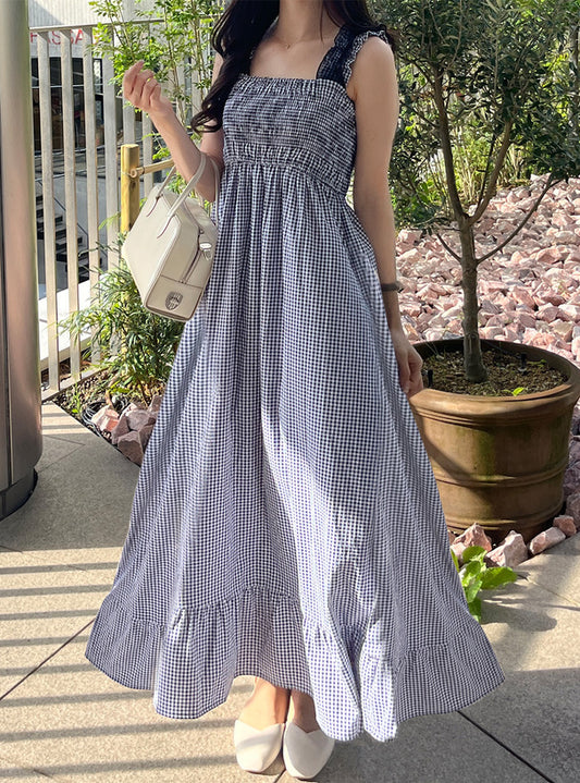 GRL Ruffle 肩帶黑白格仔連身裙 [OP086]