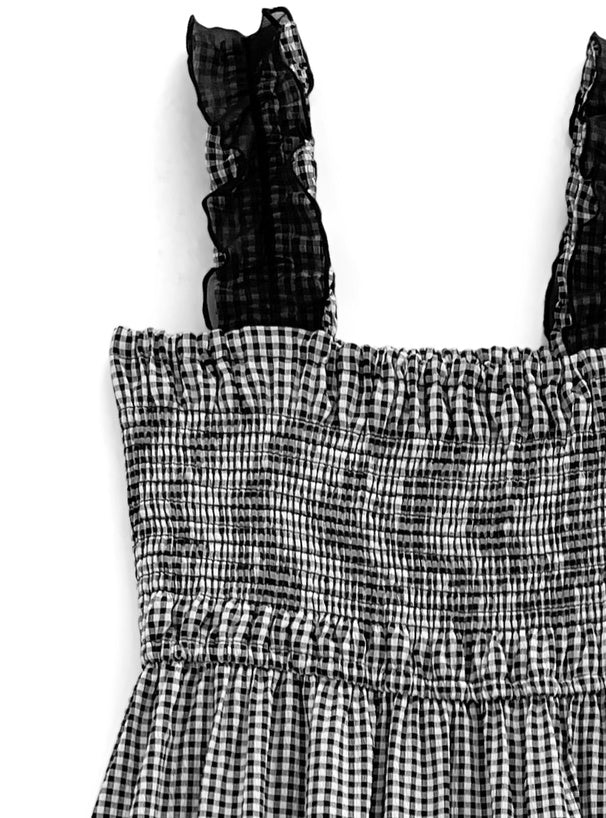 GRL Ruffle 肩帶黑白格仔連身裙 [OP086]