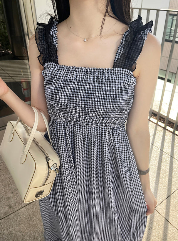 GRL Ruffle 肩帶黑白格仔連身裙 [OP086]