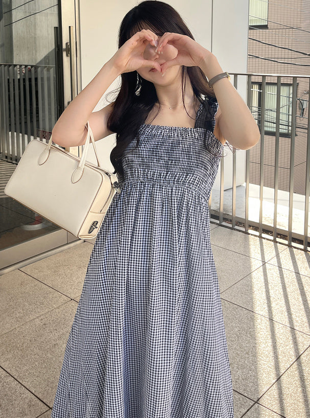 GRL Ruffle 肩帶黑白格仔連身裙 [OP086]