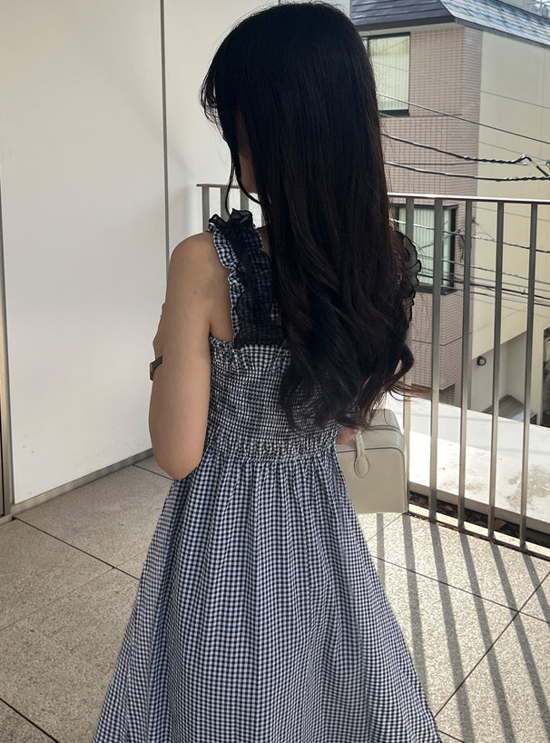 GRL Ruffle 肩帶黑白格仔連身裙 [OP086]