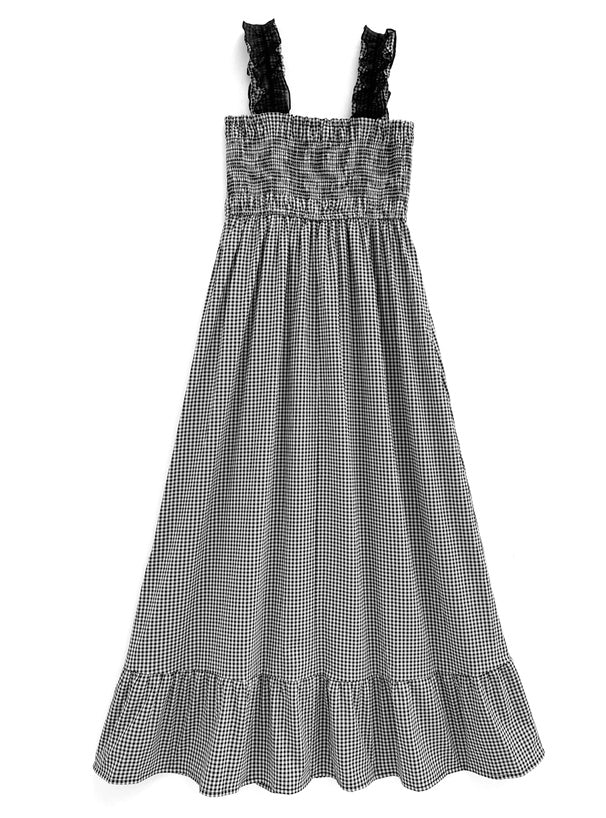 GRL Ruffle 肩帶黑白格仔連身裙 [OP086]