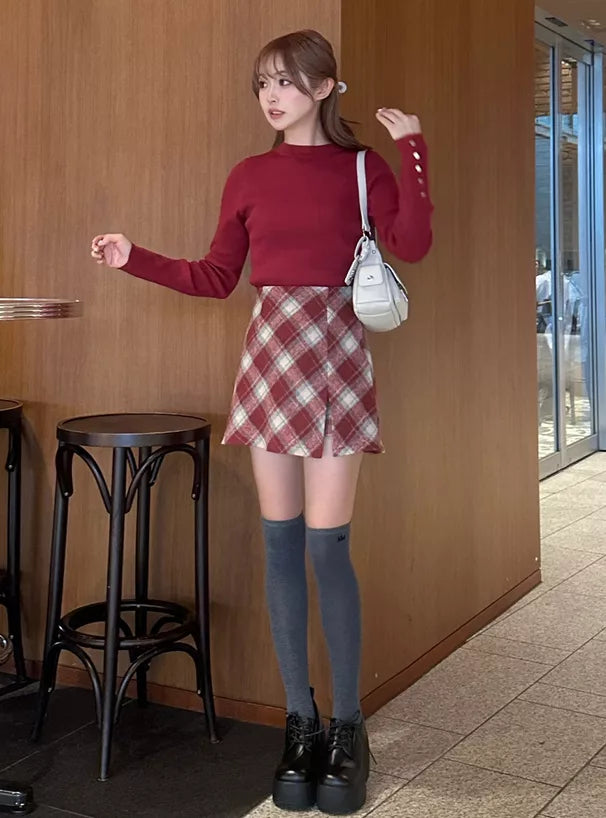 GRL 斜紋格紋絨布短裙 [BT0139]