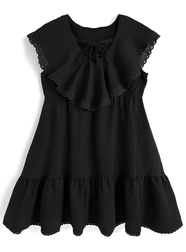 GRL 蝴蝶結綁帶荷葉邊領蕾絲連身裙 3色 [OP0207]