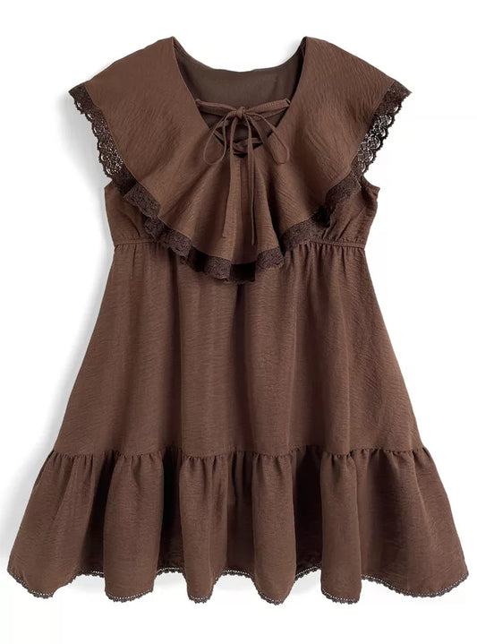 GRL 蝴蝶結綁帶荷葉邊領蕾絲連身裙 3色 [OP0207]