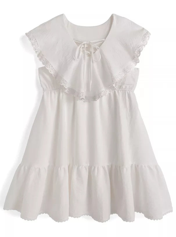 GRL 蝴蝶結綁帶荷葉邊領蕾絲連身裙 3色 [OP0207]