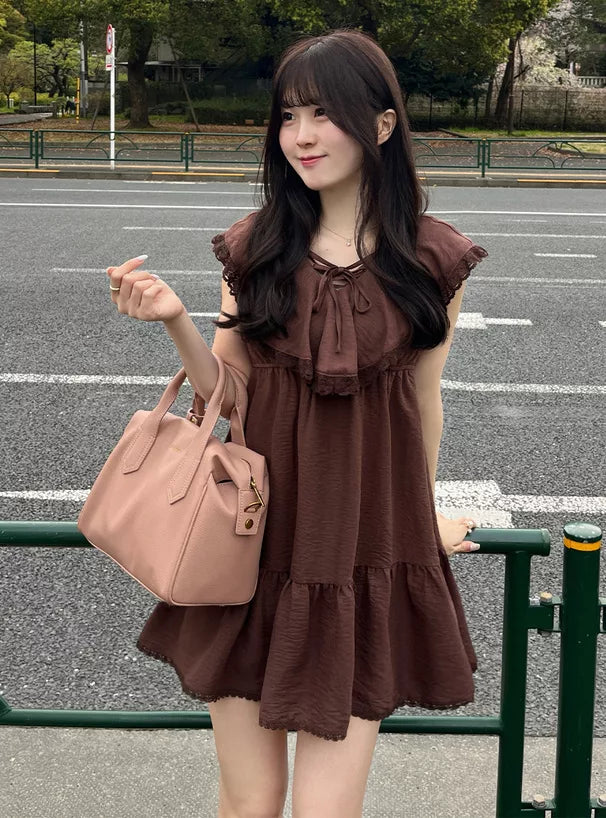 GRL 蝴蝶結綁帶荷葉邊領蕾絲連身裙 3色 [OP0207]