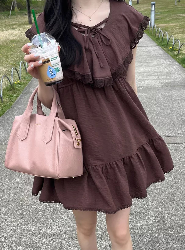 GRL 蝴蝶結綁帶荷葉邊領蕾絲連身裙 3色 [OP0207]